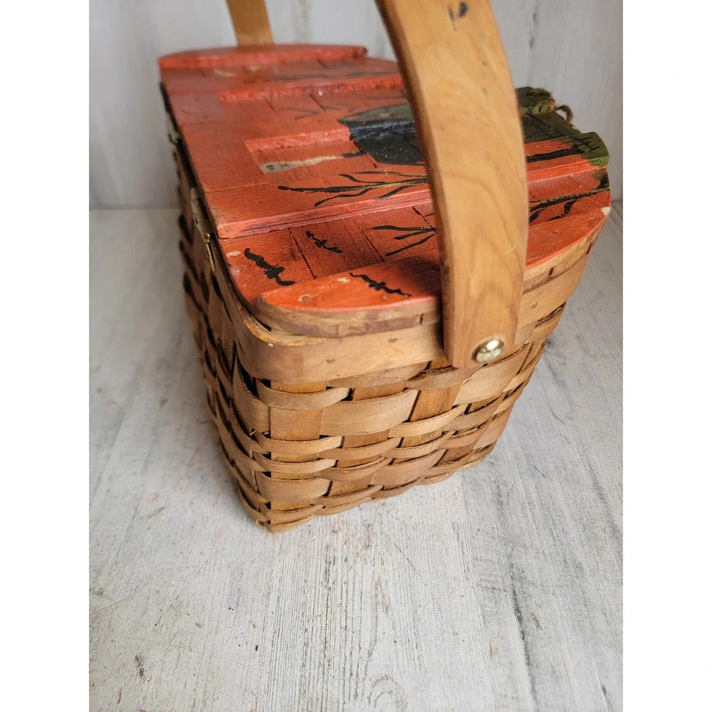 Unique vintage wooden trick or treat Halloween basket candy slot haunted house